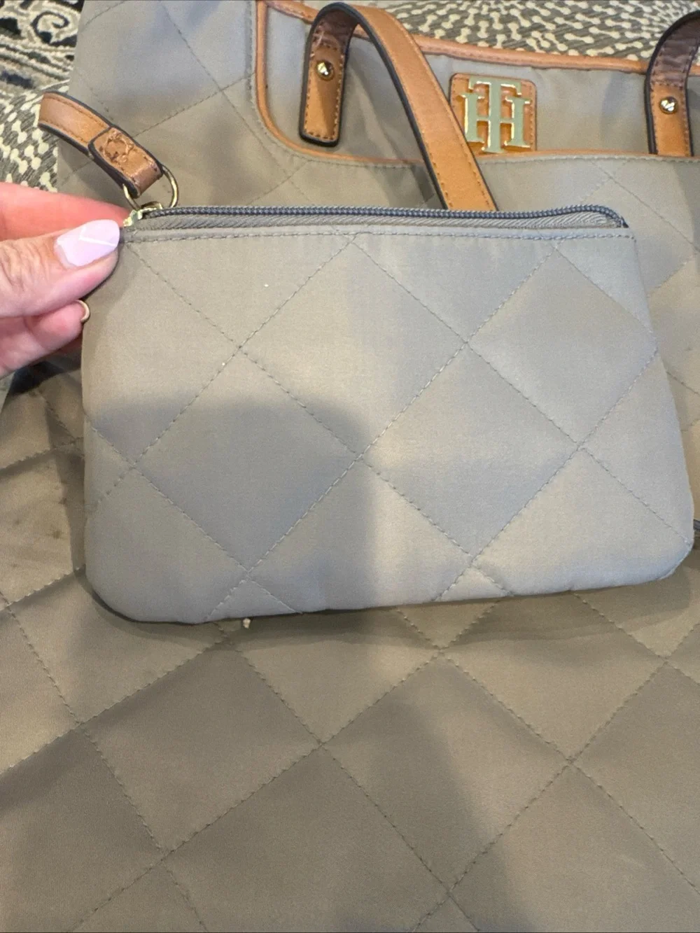 Tommy Hilfiger Quilted Taupe Tote with Tan Trim and Logo Plaque